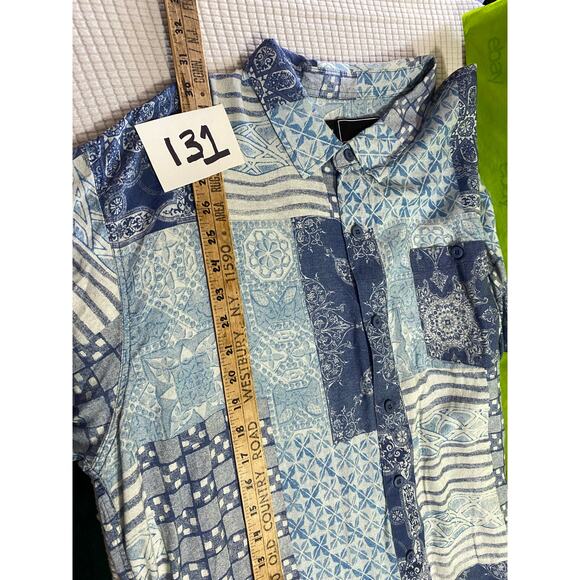 Lost Shirt Mens XL Blue Patchwork Denim Look Viscose/Linen Hawaiian Button Up - Picture 3 of 9